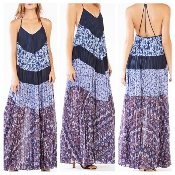 BCBGMaxAzria Boho Juan Sleeveless Halter Printed Pleated Maxi Dress Blue XS - Picture 1 of 5